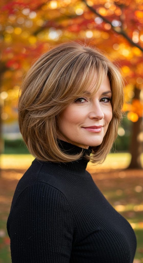 1. Layered Bob with Warm Highlights