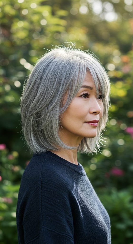 13. Layered Grey Lob with Curtain Bangs