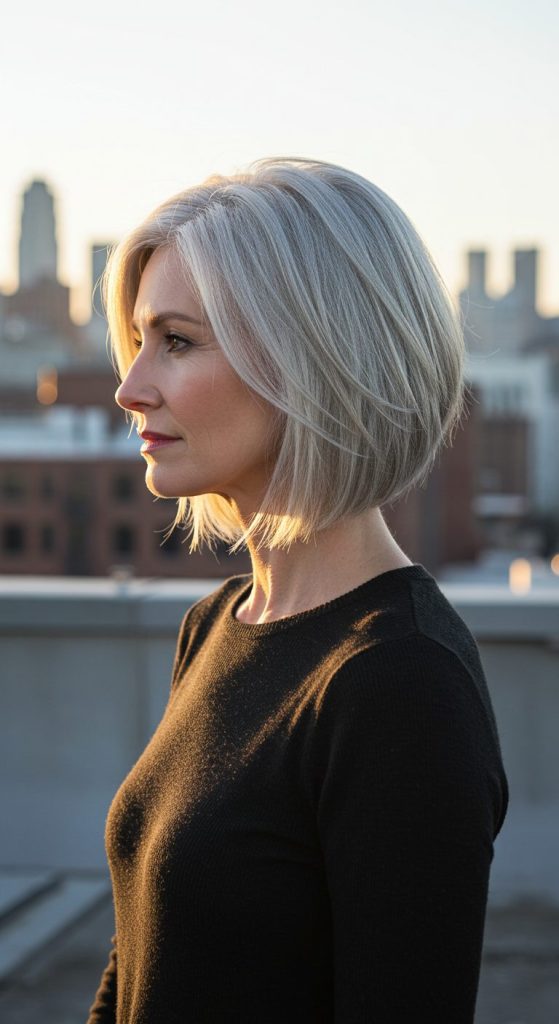 23. Layered Grey Bob with Side Part