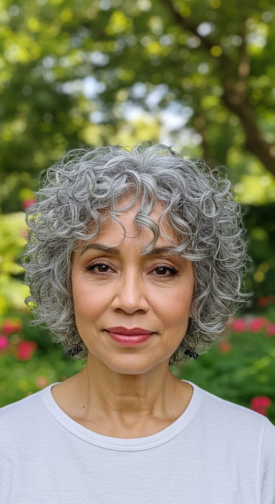 24. Curly Grey Pixie Bob with Bangs