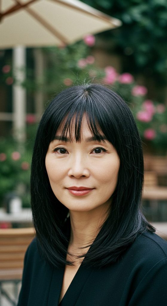 24. Mid-Length Cut with Sleek Bangs
