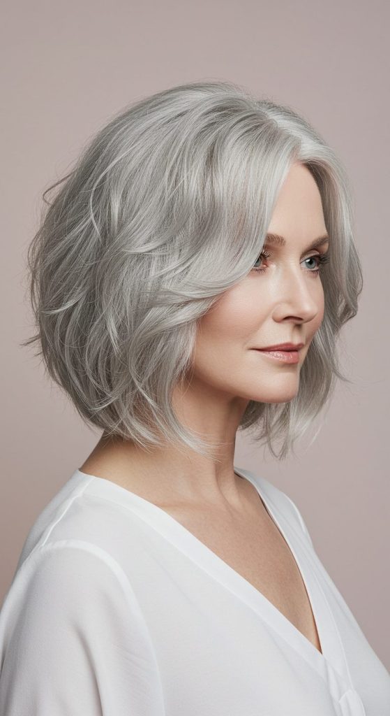 25. Soft Wavy Grey Bob