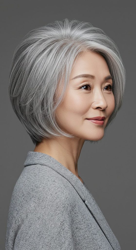 28. Short Layered Grey Bob with Highlights