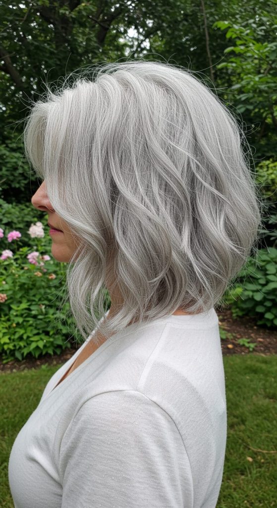 29. Textured Grey Lob with Curtain Bangs