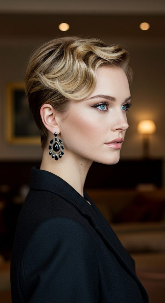 30. Glamorous Side-Parted Pixie