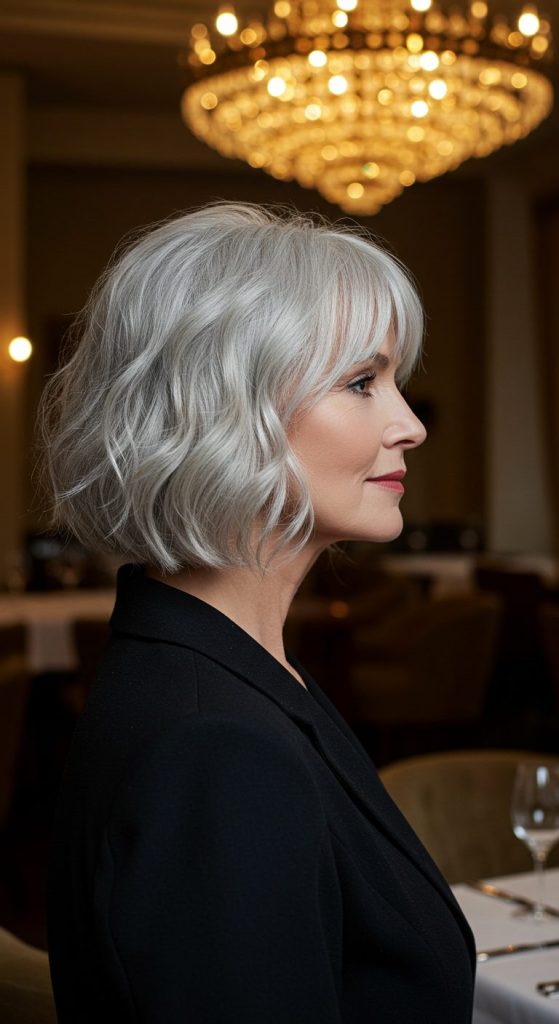 4. Wavy Bob with Side-Swept Bangs