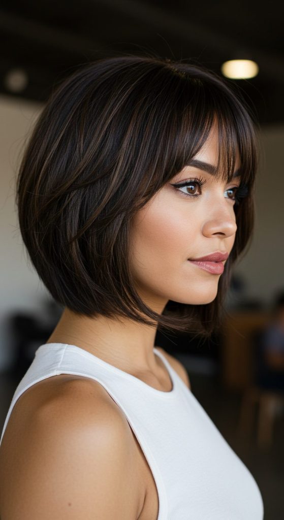 6. Layered Bob with Curtain Bangs