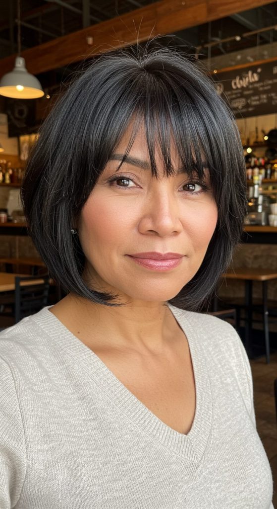 7. Layered Bob with Side-Swept Bangs