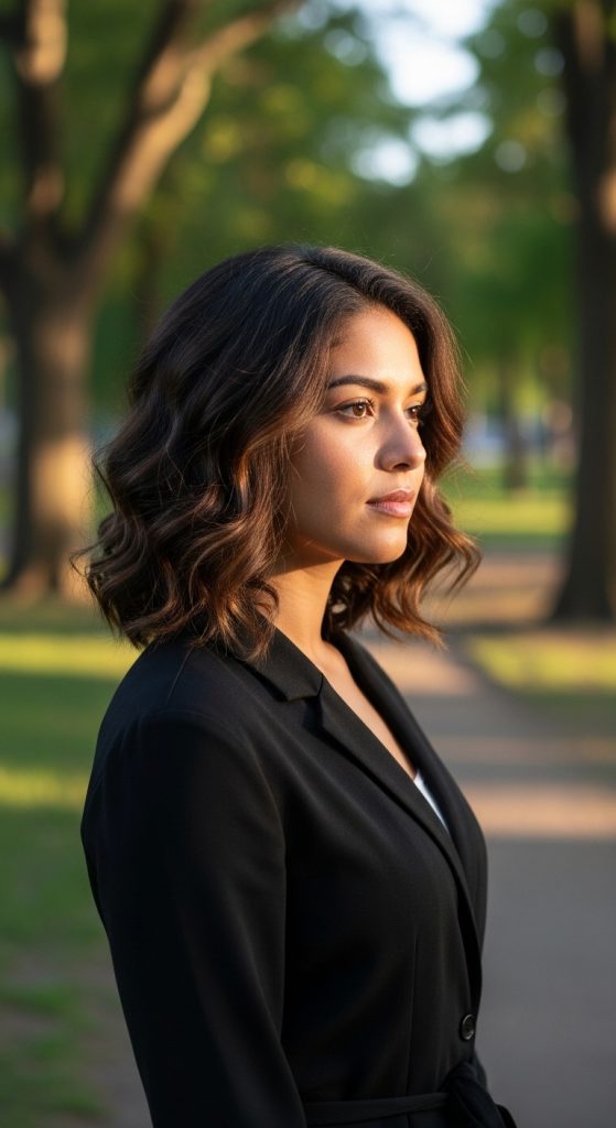 28. Layered Curly Bob with Highlights